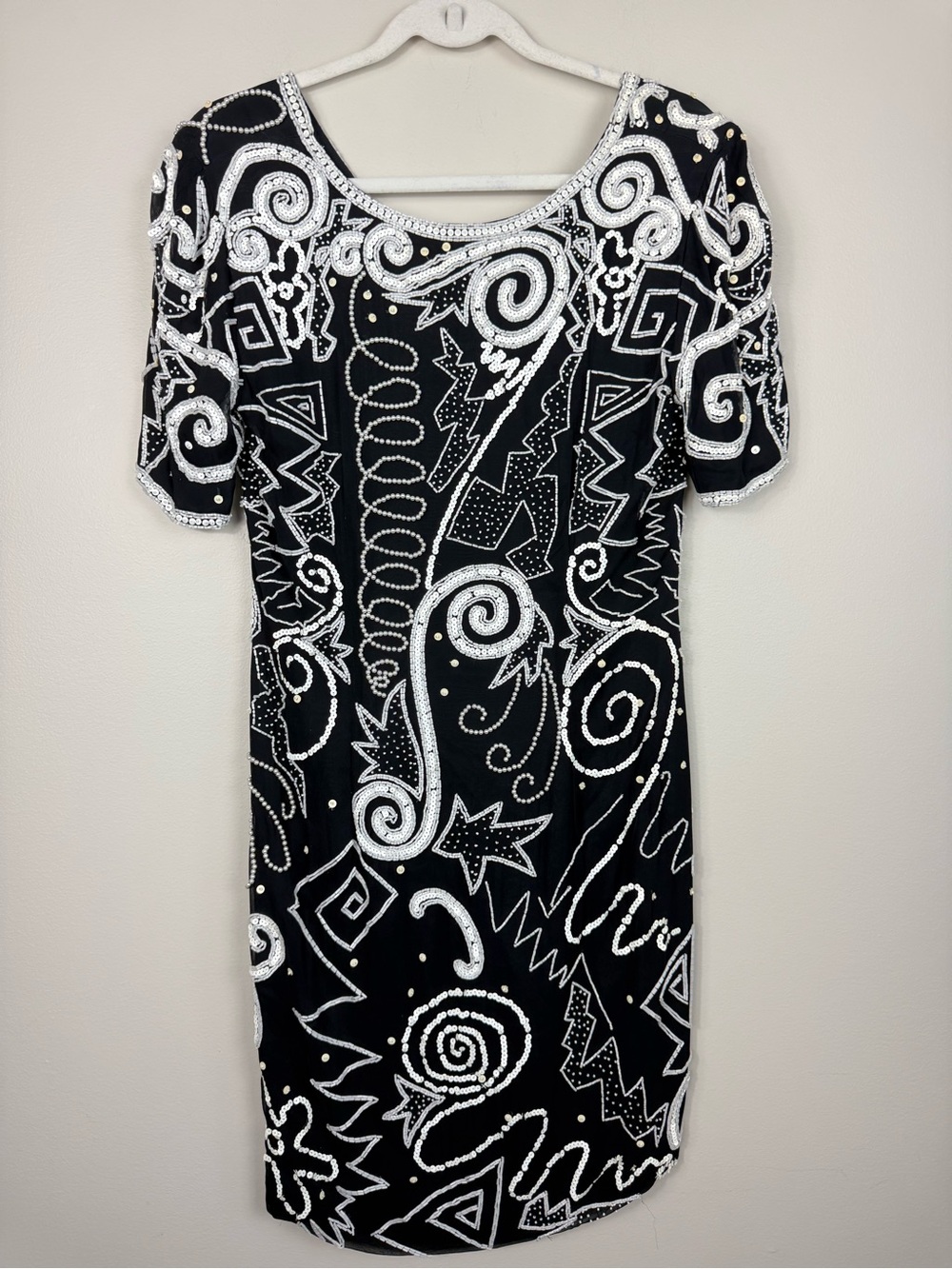 Niteline Vintage Beaded Silk Dress Womens 10 Abstract Artsy Retro Spiral 70s 80s